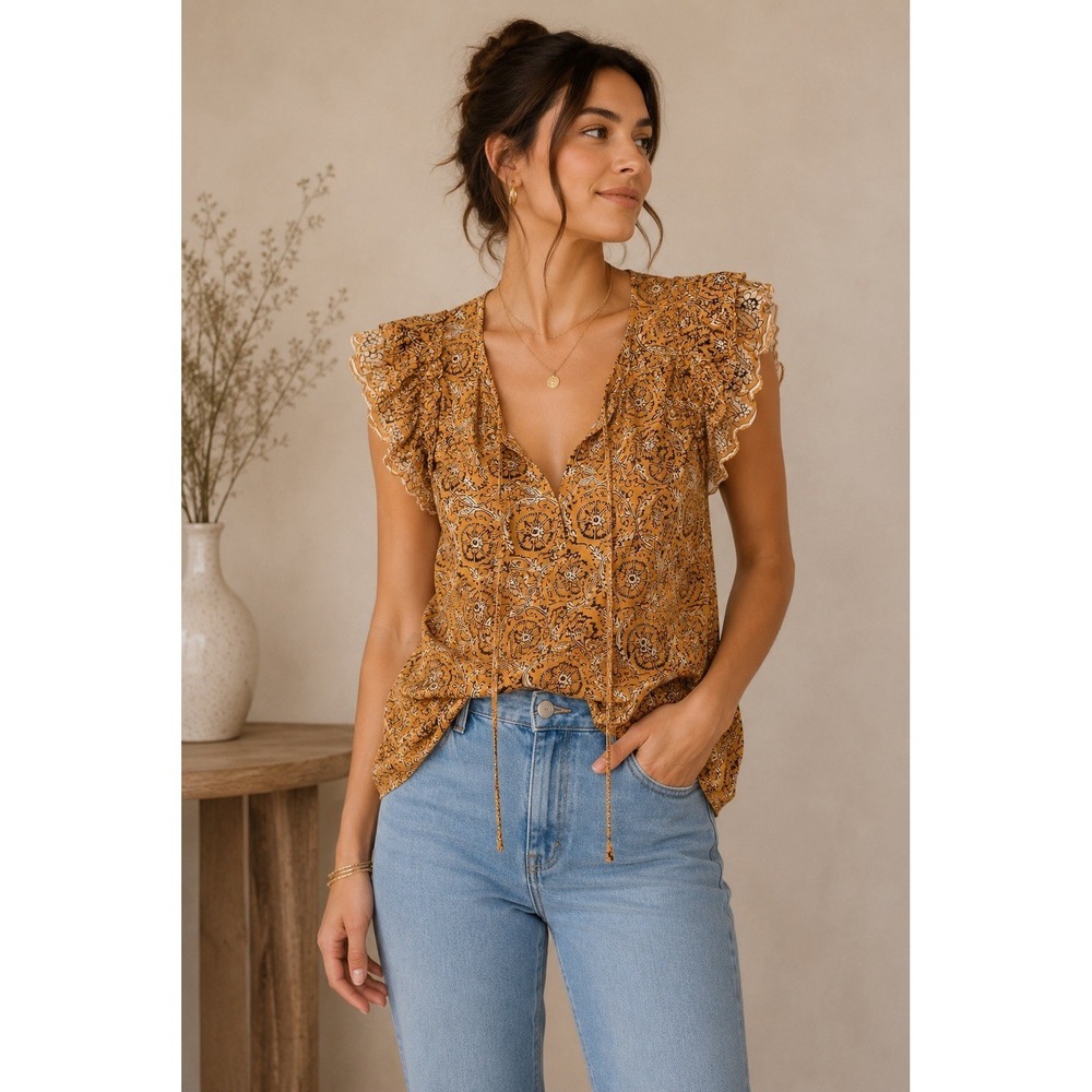 House of Harlow 1960 Mustard Floral Lace-Trim Flutter Sleeve Blouse